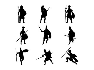 Set of Spartan Warrior Greek Silhouette in various poses isolated on white background