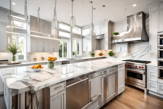 A modern kitchen with sleek stainless steel appliances, marble countertops, and abundant natural light. A perfect blend of functionality and elegance