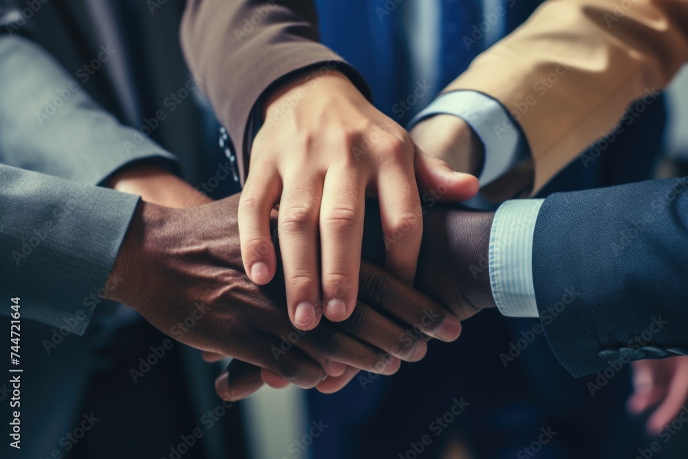 Poster Group of people with hands together, suitable for teamwork concepts
