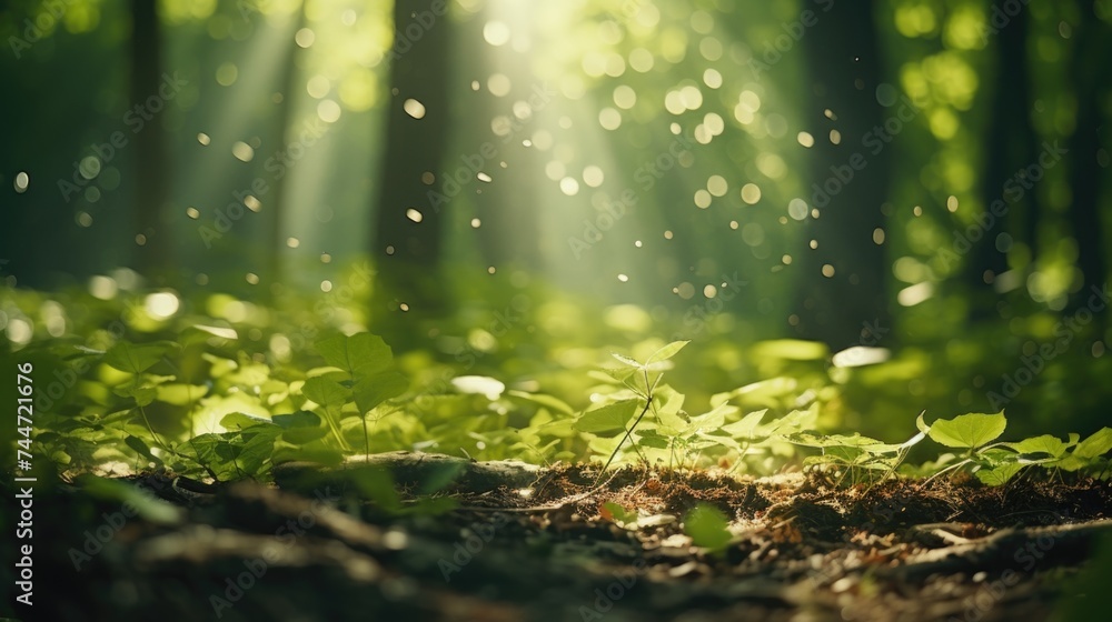 Poster sunlight shining through the trees in a forest. ideal for nature and outdoor concepts