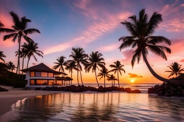 Obraz premium a beachfront villa at sunset, with the vibrant colors of the sky reflecting on the calm ocean,