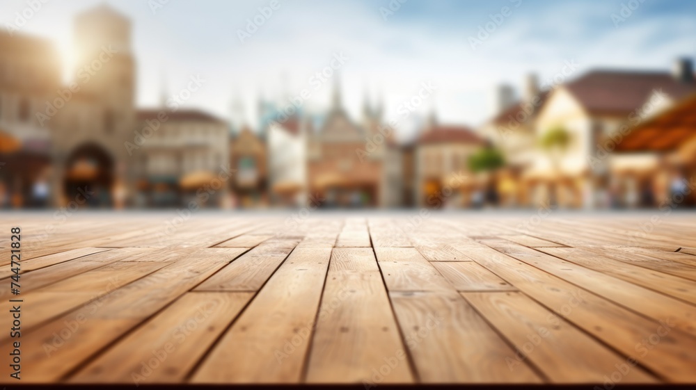 Poster the empty wooden table top with blur background of town square. exuberant image. generative ai