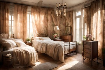 A vintage-inspired bedroom with antique furniture, floral wallpaper, and soft, diffused sunlight...