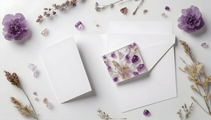 Let your creativity flow with this stationery mockup, showcasing white square cards embellished with a large circle sticker, complemented by a mesmerizing amethyst crystal and delicate dried flowers