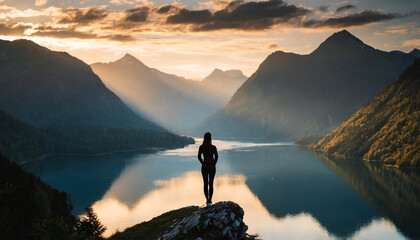 Silhouette of woman on mountain peak at dawn, symbolizing success, empowerment, solitude, and...
