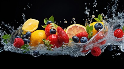 Fresh fruit falling into water, ideal for healthy lifestyle concepts