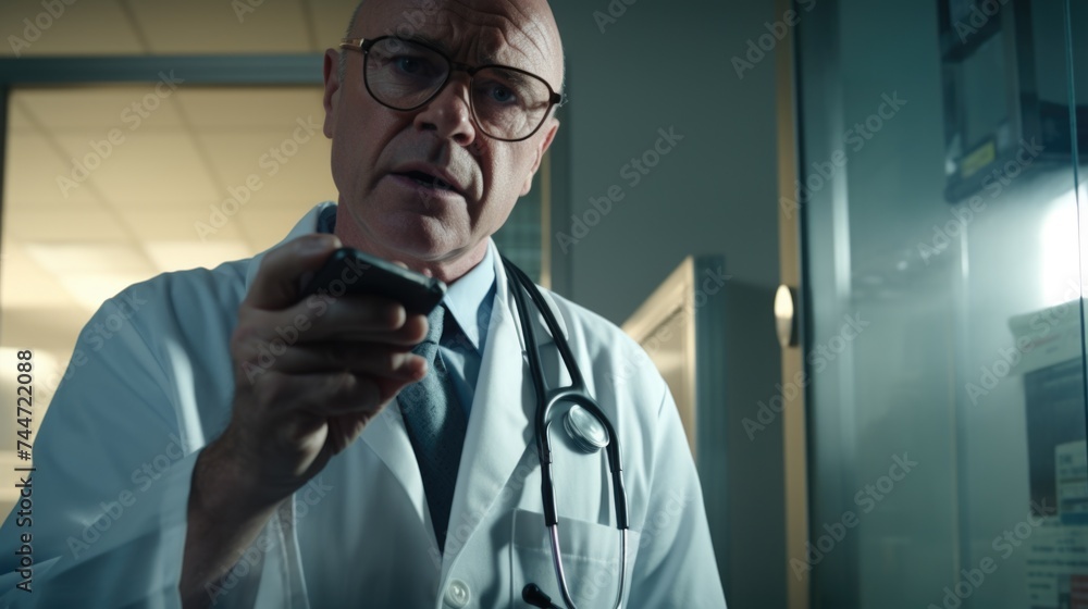 Aufkleber A man in a lab coat holding a cell phone. Suitable for science and technology concepts