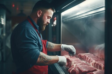 A man in a red apron preparing meat. Suitable for cooking and food concepts - obrazy, fototapety, plakaty