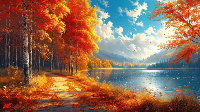 An autumn trees with orange yellow leaves, beautiful autumn landscape, oil painting on canvas.