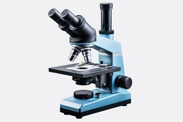 A microscope with a blue and black base. Ideal for scientific and educational projects