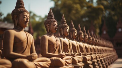 Row of Buddha statues, suitable for spiritual concepts - obrazy, fototapety, plakaty