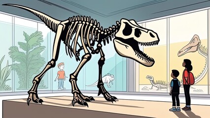 Editable silhouettes of people looking at a Tyrannosaurus rex skeleton in a museum. ?hild in a museum looks at a dinosaur skeleton