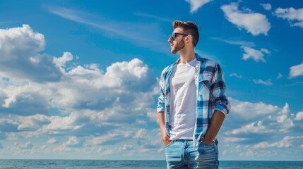 Stylish Young Man in Sunglasses Enjoying the Sunny Blue Sky