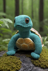 Knitted woolly turtle on a beautiful natural background, space for an inscription
