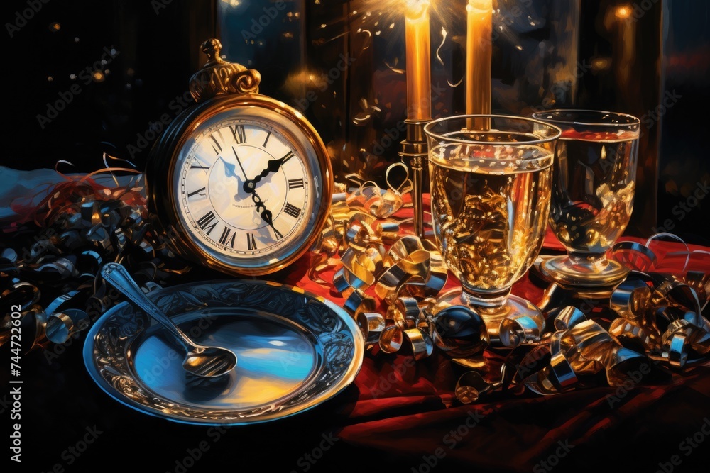 Aufkleber a table with a clock and a glass of wine. suitable for lifestyle or time management concepts