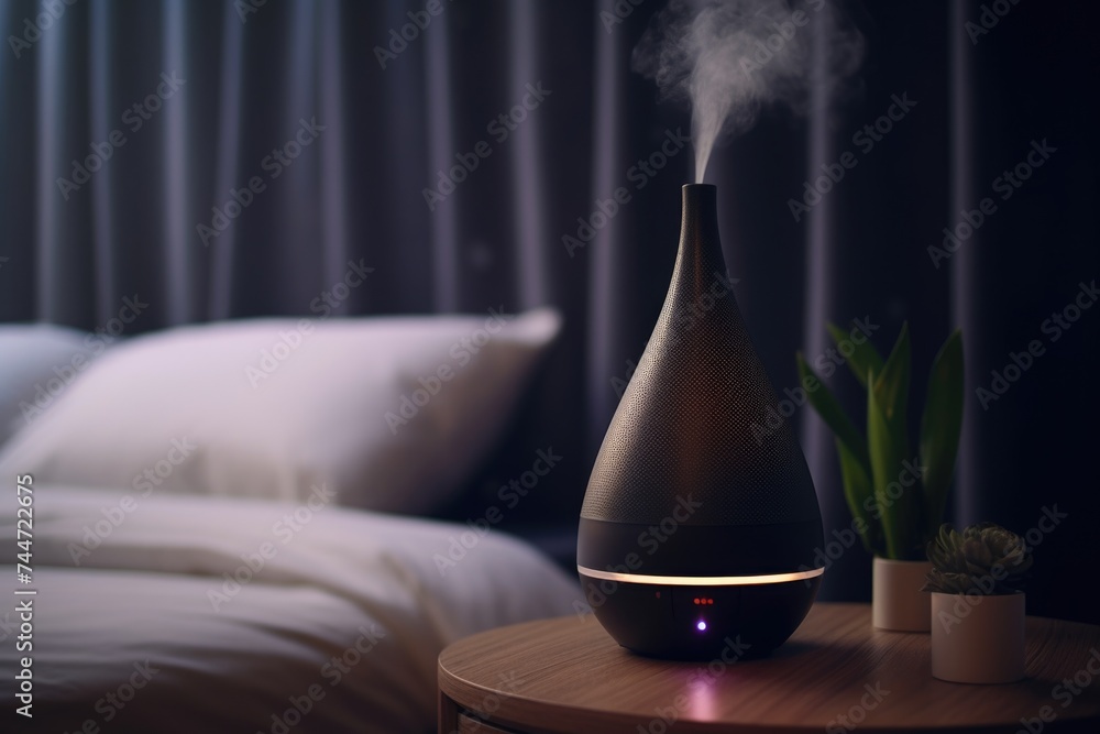 Poster a humidifier sitting on top of a table, useful for home and health concepts