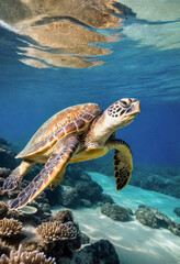 Obraz premium A sea turtle swims underwater against the seafloor background