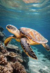 Fototapeta premium A sea turtle swims underwater against the seafloor background