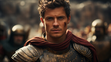 Un guerrier romain défend son empire avec bravoure, prêt à tout sacrifier pour la gloire de Rome. - obrazy, fototapety, plakaty