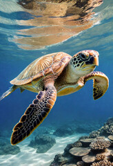 A sea turtle swims underwater against the seafloor background