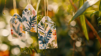  A sustainable clothing brand's tags designed with crisp, geometric borders framing watercolor illustrations of the plants used in the fabric dyes