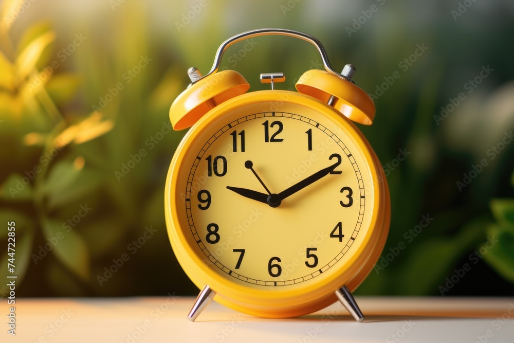 Poster yellow alarm clock sitting on top of a table. perfect for time management concepts