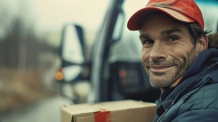 Happy courier in uniform delivers package by van to customer s home, unedited image