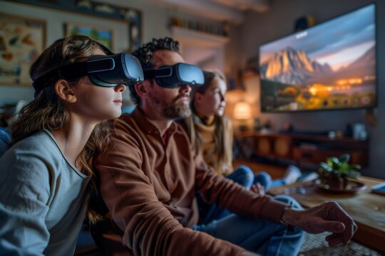 A family using a multi-dimensional entertainment system in their living room, experiencing a movie as a virtual reality adventure