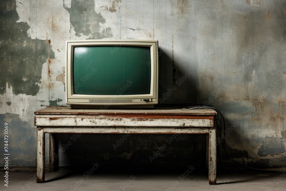 Poster an old television set placed on a wooden table. suitable for retro technology concepts