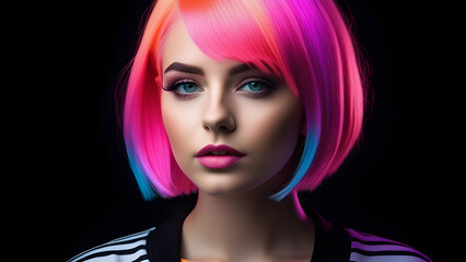 Fototapeta premium Pink hair and neon makeup of a girl on a black background.