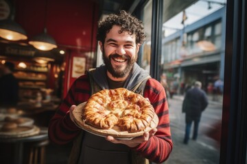 A man holding a pie in front of a window. Ideal for food and cooking concepts