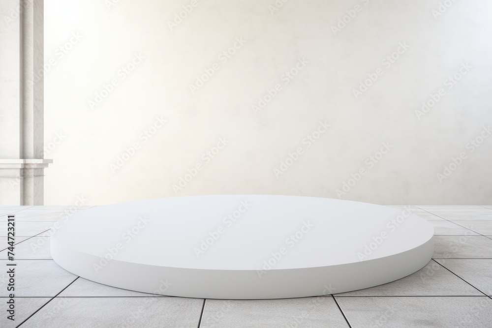Poster Simple and versatile image of a white round table on a tiled floor. Perfect for interior design concepts