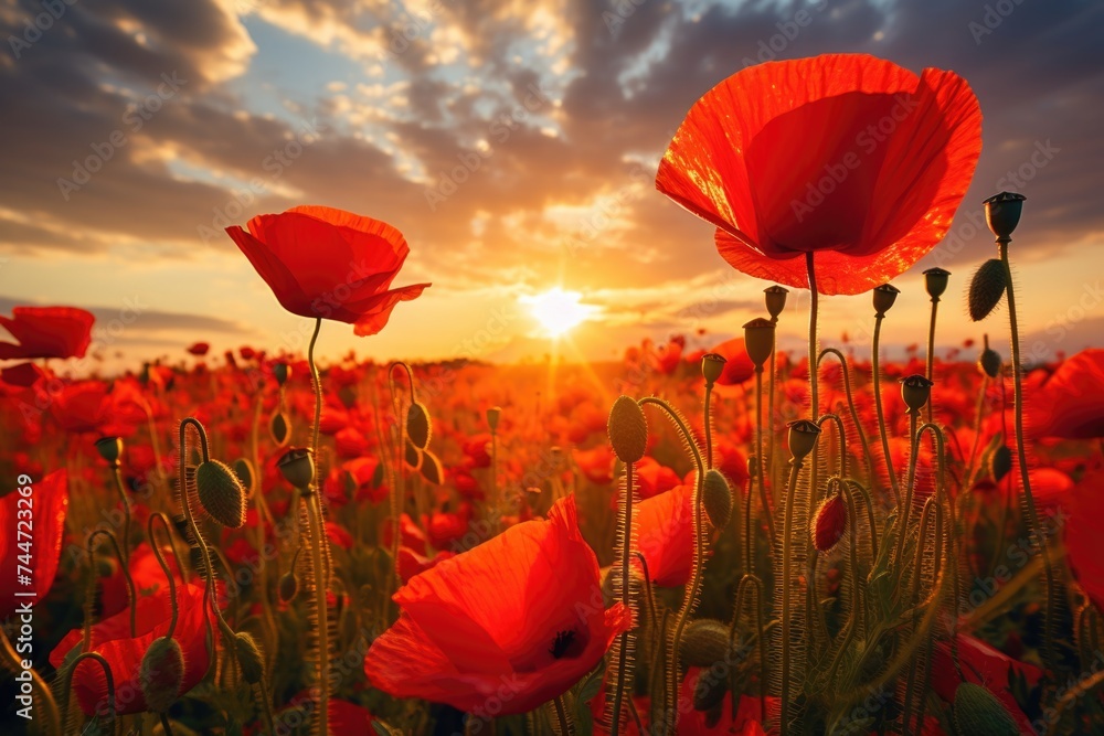 Poster beautiful field of red poppies with the setting sun in the background. perfect for nature or landsca