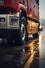 A red truck driving down a wet street. Suitable for transportation concepts
