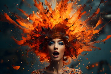 woman head burn and explode isolated
