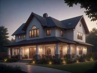 Beautiful modern farmhouse style luxury home exterior at twilight. Generative AI