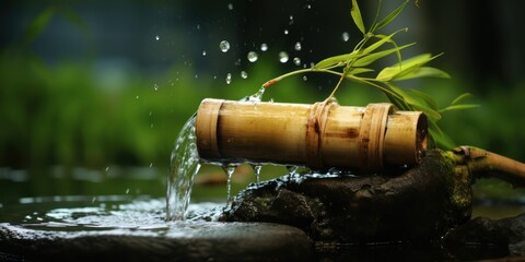 Bamboo Pipe Dripping Water into Small Vessel Natural Water Collection