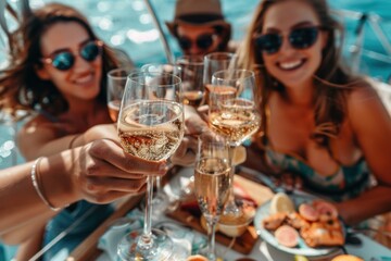 Group of Friends Enjoying Champagne on a Yacht. Three smiling friends in stylish sun hats and sunglasses toasting with champagne glasses on a sunny yacht day.