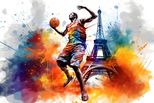 Painting graphic with splashing colors of a basketball player man. Eiffel Tower on background! Olympic games concept.