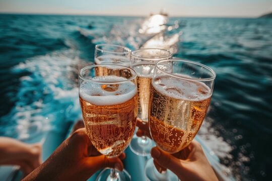 Toasting with Champagne on a Yacht at Sunset. Close-up of hands toasting with champagne glasses aboard a luxury yacht with sparkling ocean backdrop.