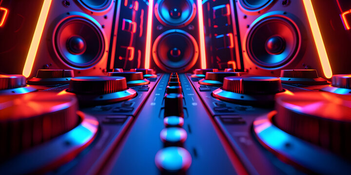 Neon 3D image of dj console and sound speaker  Music night party background.