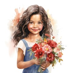 Naklejka premium Charming Hispanic Girl with Bouquet of Flowers Watercolor Illustration