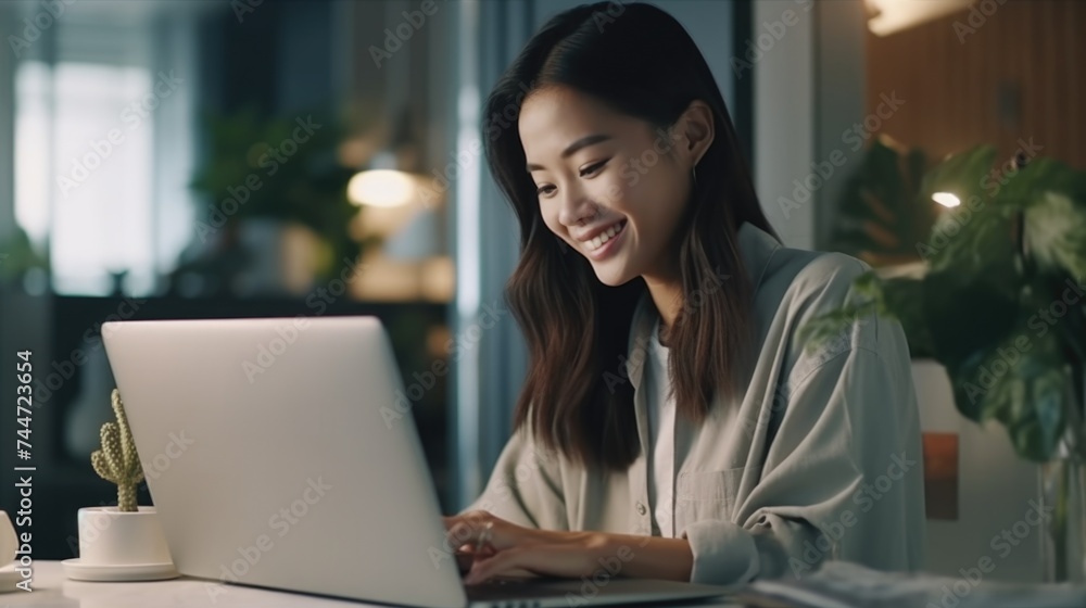 Poster a woman sitting at a table using a laptop computer. ideal for illustrating modern technology concept