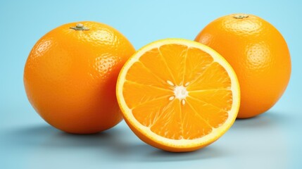 Fresh halved oranges on vibrant blue background. Great for food and health concepts