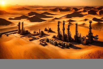 A panoramic view of an oil extraction site in the desert, with a golden sunset casting a warm glow...