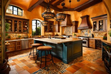 A Mediterranean-inspired kitchen with vibrant tiles, warm colors, and wrought iron details. A sunny...