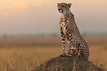 A lone cheetah surveying the savannah from atop a termite mound at dusk, embodying the solitude of the predator
