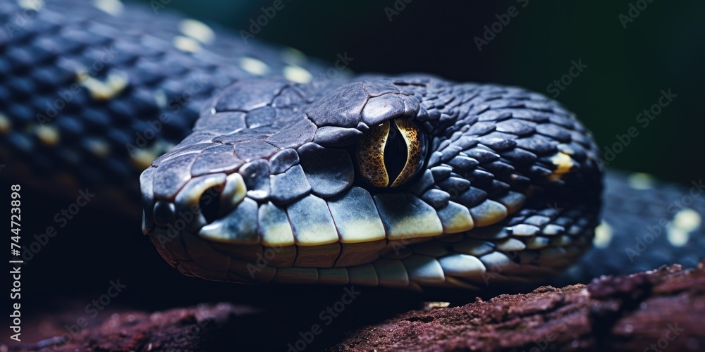 Poster A close-up view of a snake's head on a branch. Suitable for educational materials or wildlife publications