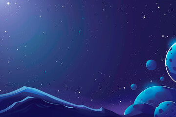 Illustration of an alien space landscape, dark blue with purple background, stars and planets, view from outer space Banner, invitation or postcard on a space theme.