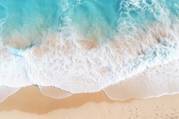 Fototapeta na wymiar Aerial view of a beach with a surfboard, perfect for travel websites